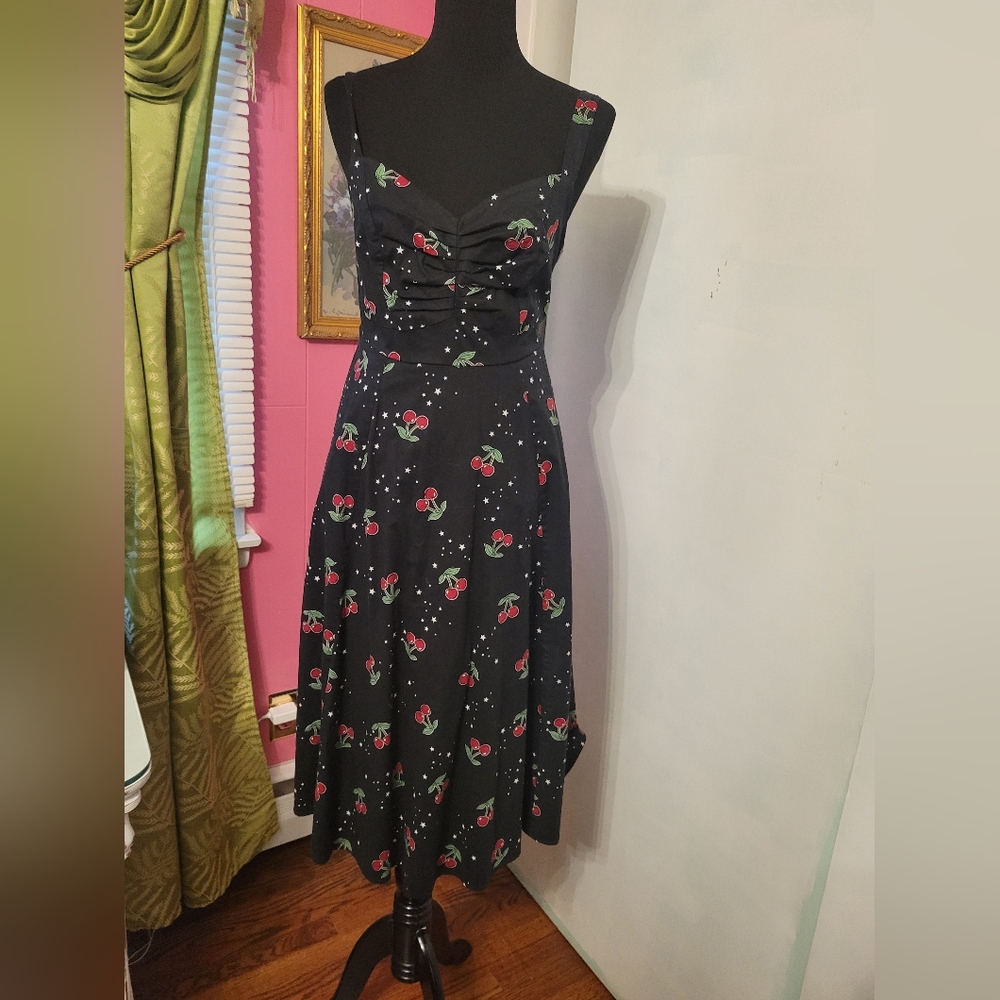 Cherry Print Black Midi Dress